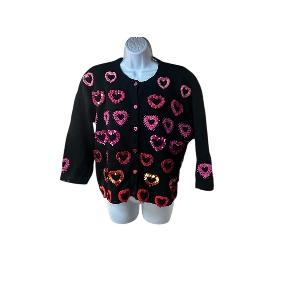 Janes Closet Women’s Cardigan Sweater L 3D Hearts Valentines Sequined Black Art